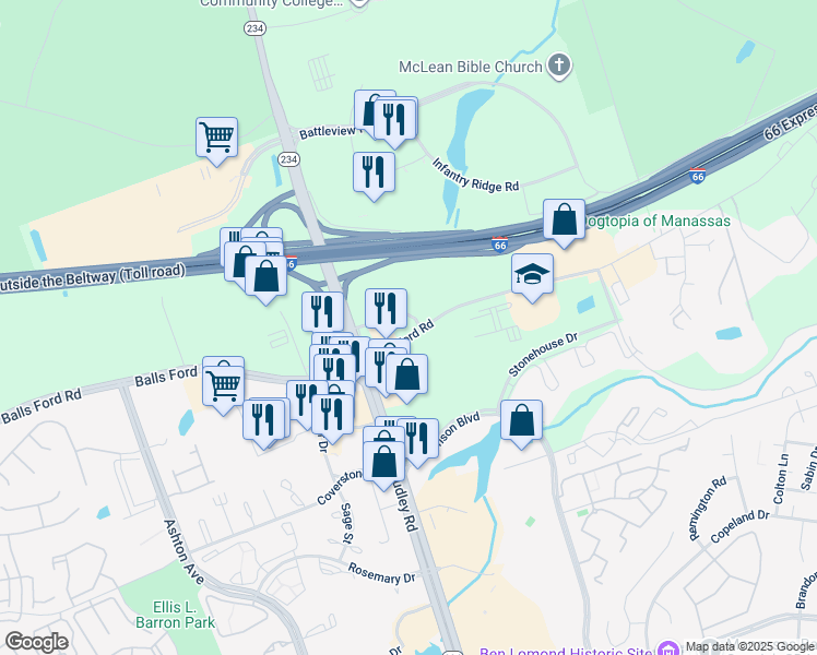 map of restaurants, bars, coffee shops, grocery stores, and more near 10708 Balls Ford Road in Manassas