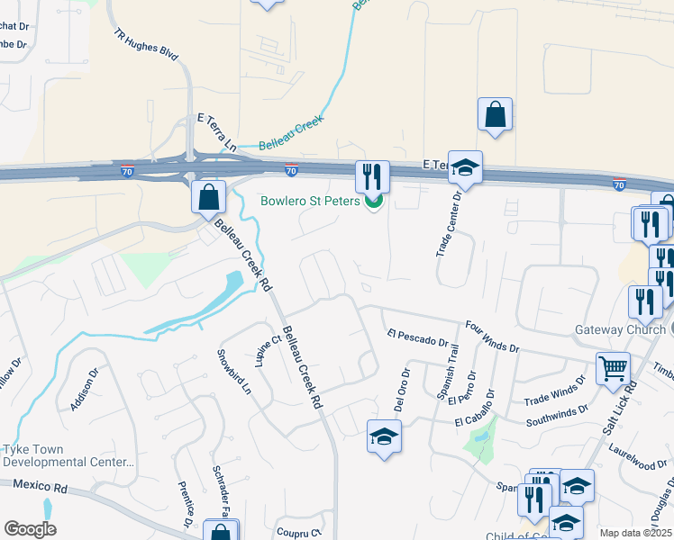 map of restaurants, bars, coffee shops, grocery stores, and more near 1118 Castle Pines Drive in St. Peters