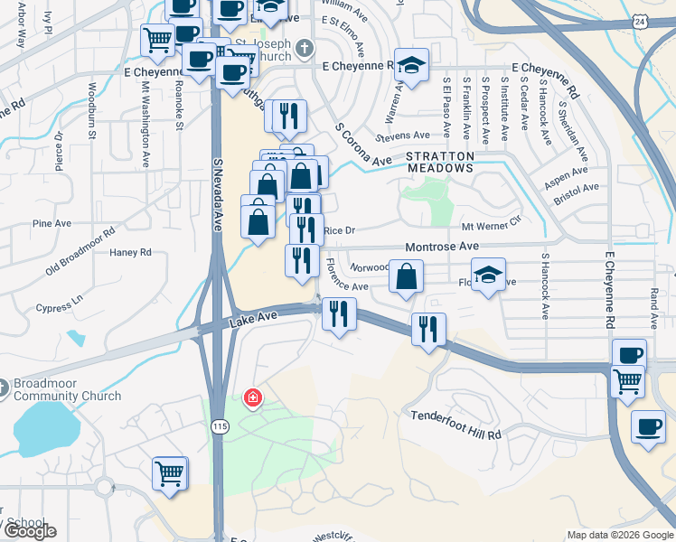 map of restaurants, bars, coffee shops, grocery stores, and more near 1011 Florence Avenue in Colorado Springs