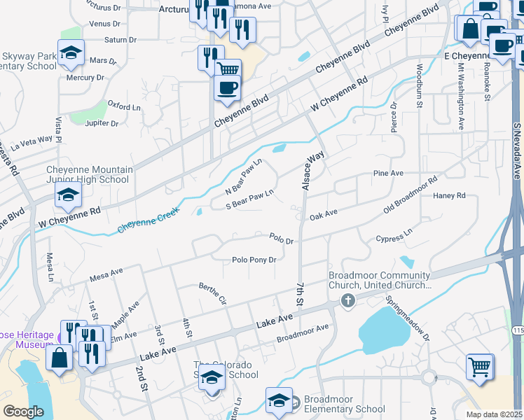 map of restaurants, bars, coffee shops, grocery stores, and more near 600 High Valley Court in Colorado Springs