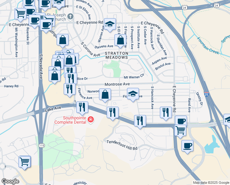 map of restaurants, bars, coffee shops, grocery stores, and more near 1054 Florence Avenue in Colorado Springs