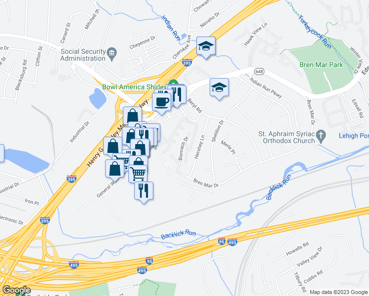 map of restaurants, bars, coffee shops, grocery stores, and more near 5610 Bloomfield Drive in Alexandria