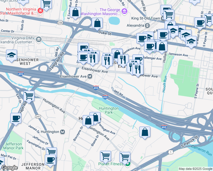 map of restaurants, bars, coffee shops, grocery stores, and more near 2200A Mill Road in Alexandria