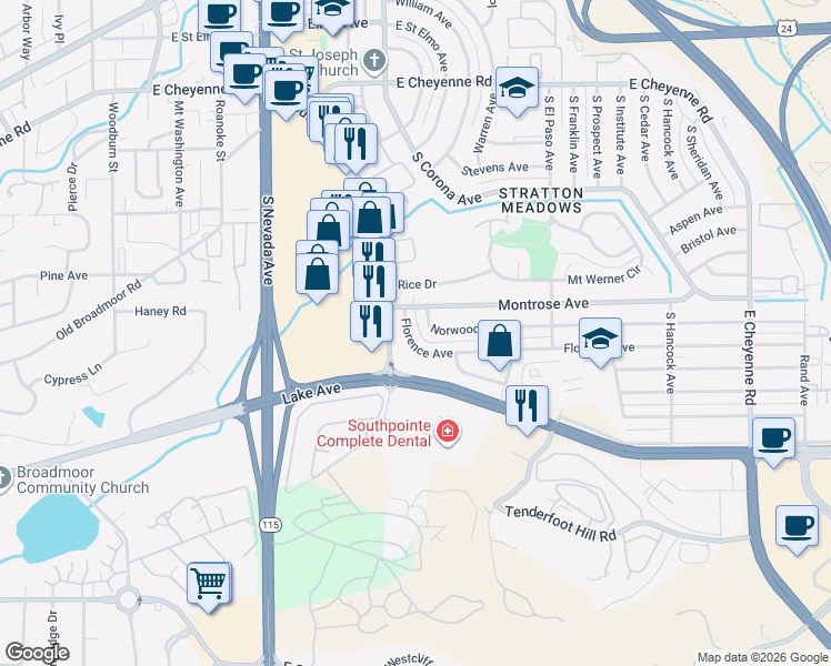 map of restaurants, bars, coffee shops, grocery stores, and more near 1011 Florence Avenue in Colorado Springs