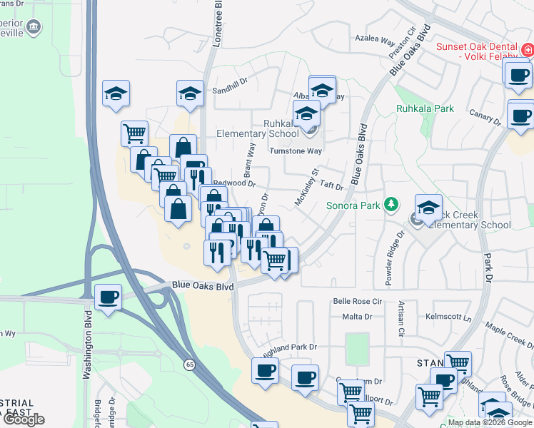 map of restaurants, bars, coffee shops, grocery stores, and more near 6613 Grand Canyon Drive in Rocklin