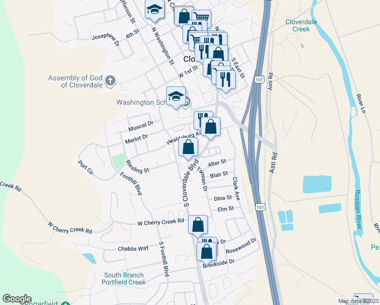 map of restaurants, bars, coffee shops, grocery stores, and more near 445 South Cloverdale Boulevard in Cloverdale