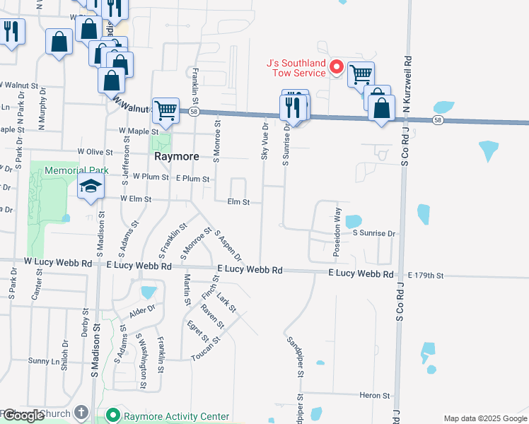 map of restaurants, bars, coffee shops, grocery stores, and more near 505 Sky Vue Drive in Raymore