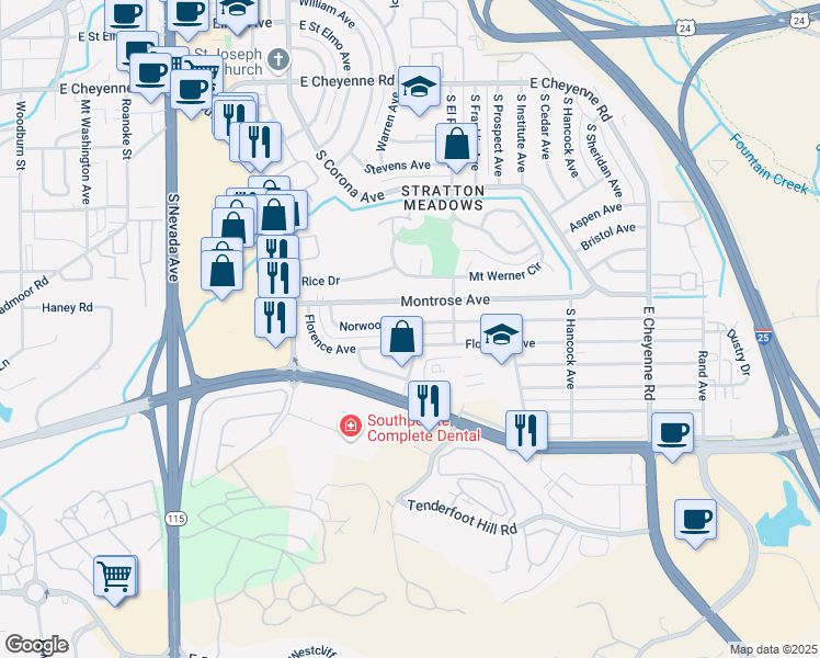 map of restaurants, bars, coffee shops, grocery stores, and more near 1037 Norwood Avenue in Colorado Springs