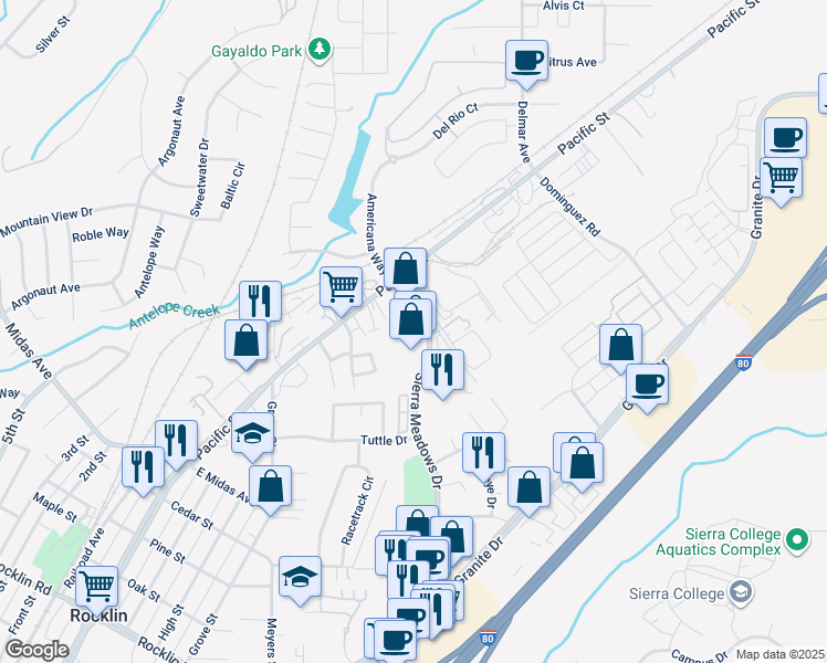 map of restaurants, bars, coffee shops, grocery stores, and more near 2250 Sierra Meadows Drive in Rocklin