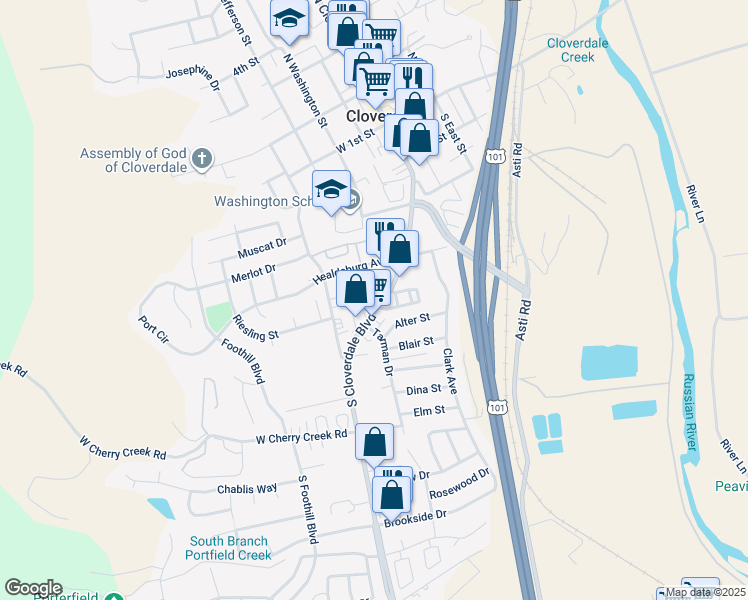 map of restaurants, bars, coffee shops, grocery stores, and more near 445 South Cloverdale Boulevard in Cloverdale