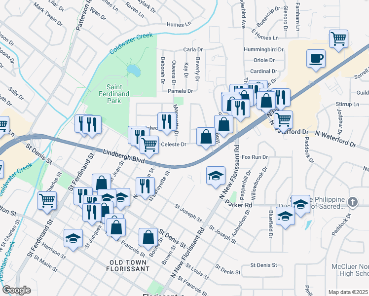 map of restaurants, bars, coffee shops, grocery stores, and more near 28 Saint Celeste Drive in Florissant