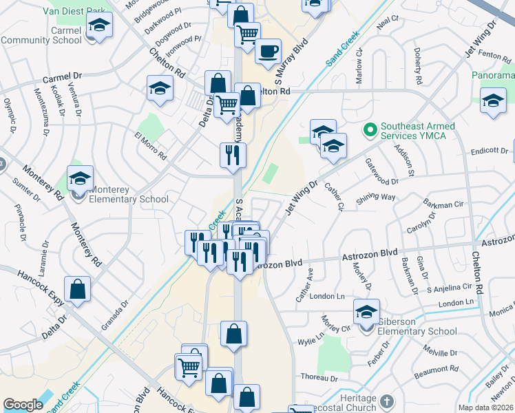 map of restaurants, bars, coffee shops, grocery stores, and more near 2728 Sierra Springs Drive in Colorado Springs