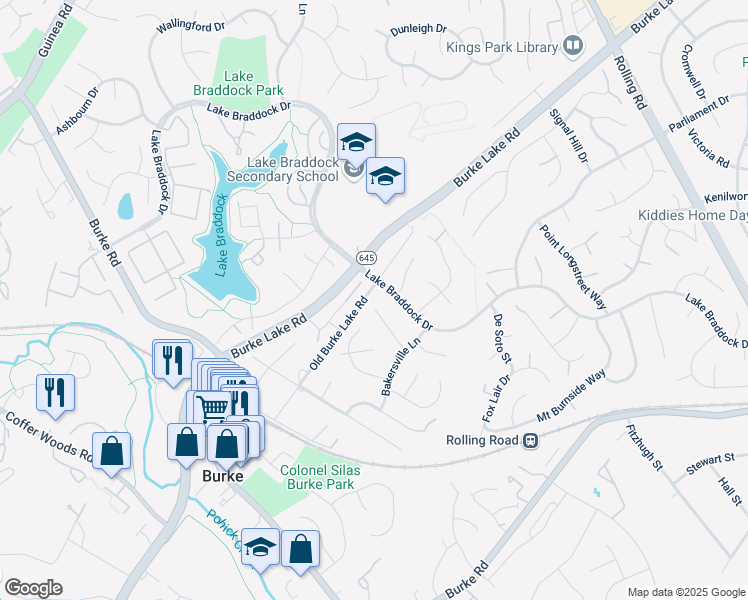 map of restaurants, bars, coffee shops, grocery stores, and more near 5601 Doolittle Street in Burke