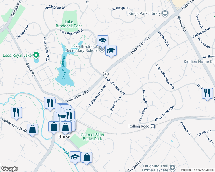 map of restaurants, bars, coffee shops, grocery stores, and more near 5601 Doolittle Street in Burke