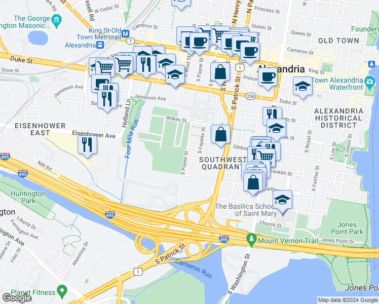 map of restaurants, bars, coffee shops, grocery stores, and more near 624 South Payne Street in Alexandria