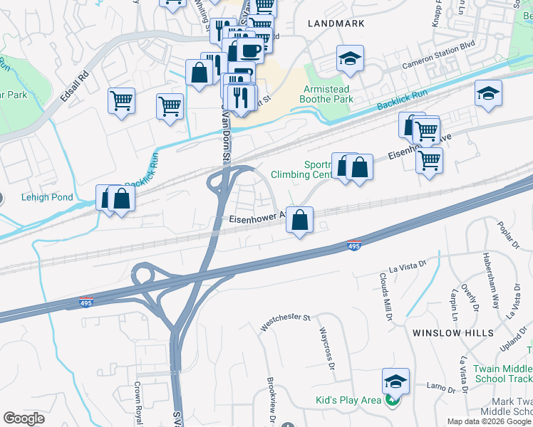 map of restaurants, bars, coffee shops, grocery stores, and more near 5830 Cowling Court in Alexandria