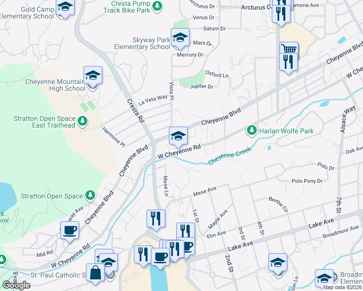 map of restaurants, bars, coffee shops, grocery stores, and more near 1200 West Cheyenne Road in Colorado Springs