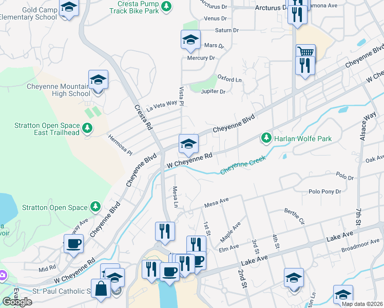 map of restaurants, bars, coffee shops, grocery stores, and more near 1200 West Cheyenne Road in Colorado Springs