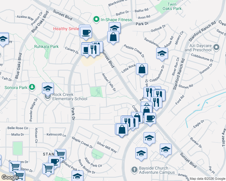map of restaurants, bars, coffee shops, grocery stores, and more near 2307 Amber Falls Drive in Rocklin