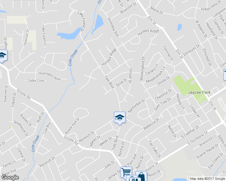 map of restaurants, bars, coffee shops, grocery stores, and more near 2929 Yale Boulevard in Saint Charles