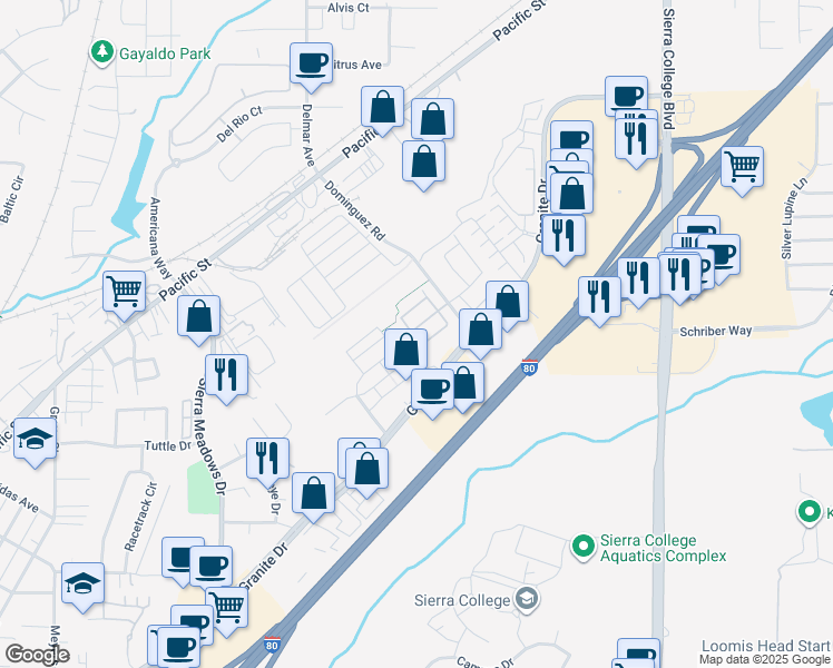 map of restaurants, bars, coffee shops, grocery stores, and more near 4450 Bonneville Circle in Rocklin