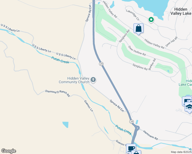map of restaurants, bars, coffee shops, grocery stores, and more near 18100 Spruce Road Extension in Hidden Valley Lake