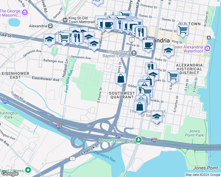 map of restaurants, bars, coffee shops, grocery stores, and more near 620 South Fayette Street in Alexandria