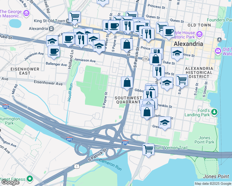 map of restaurants, bars, coffee shops, grocery stores, and more near 620 North Fayette Street in Alexandria