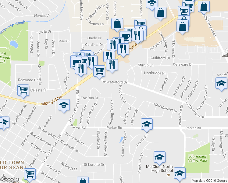 map of restaurants, bars, coffee shops, grocery stores, and more near 1520 Burning Tree Drive in Florissant