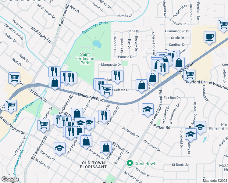 map of restaurants, bars, coffee shops, grocery stores, and more near 10 Saint Celeste Drive in Florissant