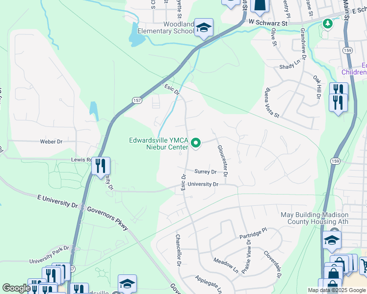 map of restaurants, bars, coffee shops, grocery stores, and more near 1 Pinebrook Court in Edwardsville
