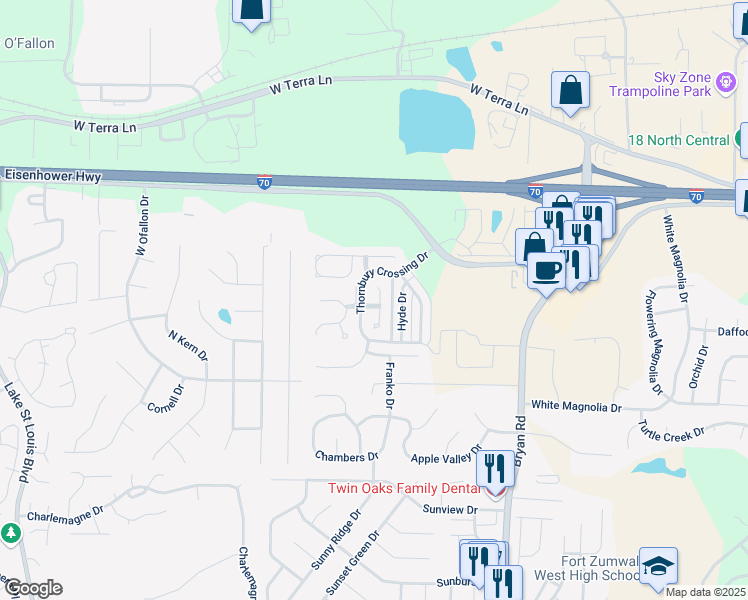 map of restaurants, bars, coffee shops, grocery stores, and more near 595 Midland Drive in O'Fallon