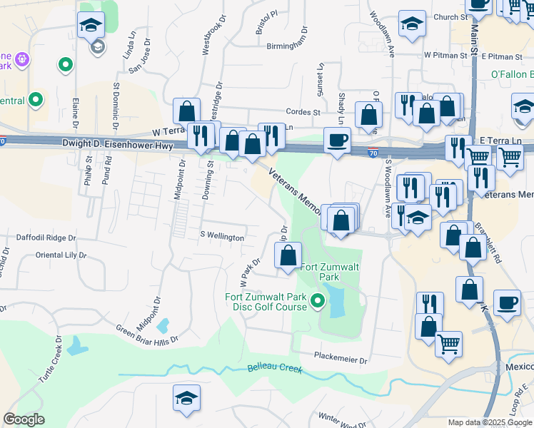 map of restaurants, bars, coffee shops, grocery stores, and more near 8 West Park Drive in O'Fallon