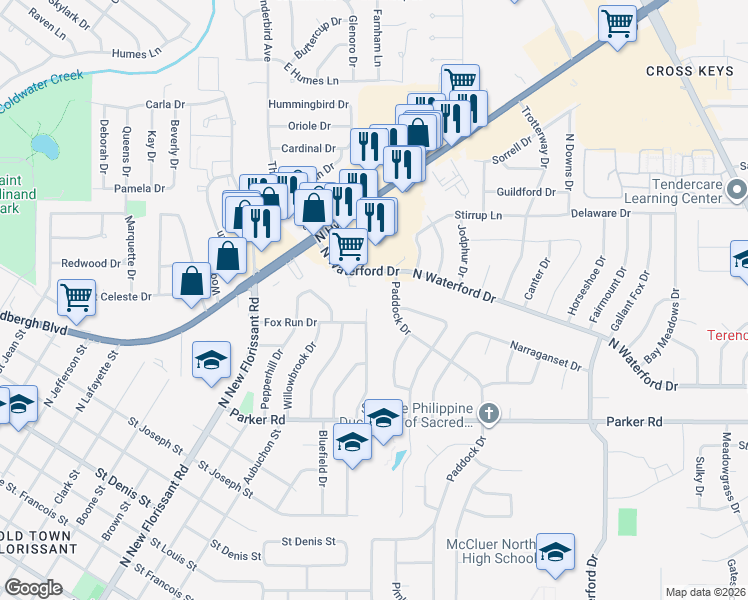 map of restaurants, bars, coffee shops, grocery stores, and more near 1520 Burning Tree Drive in Florissant
