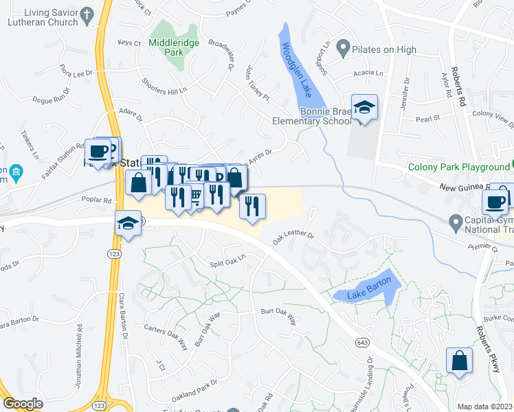 map of restaurants, bars, coffee shops, grocery stores, and more near 5793 Burke Centre Parkway in Burke