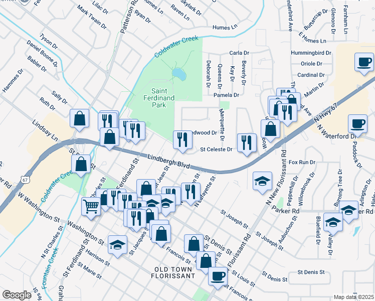 map of restaurants, bars, coffee shops, grocery stores, and more near 3 Saint Celeste Drive in Florissant