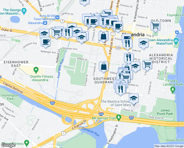 map of restaurants, bars, coffee shops, grocery stores, and more near 617 South Fayette Street in Alexandria