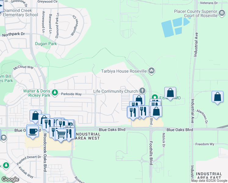 map of restaurants, bars, coffee shops, grocery stores, and more near 341 Indian Runner Court in Roseville