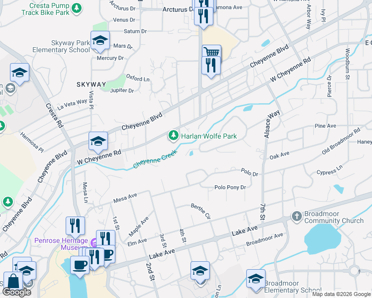 map of restaurants, bars, coffee shops, grocery stores, and more near 745 South Bear Paw Lane in Colorado Springs