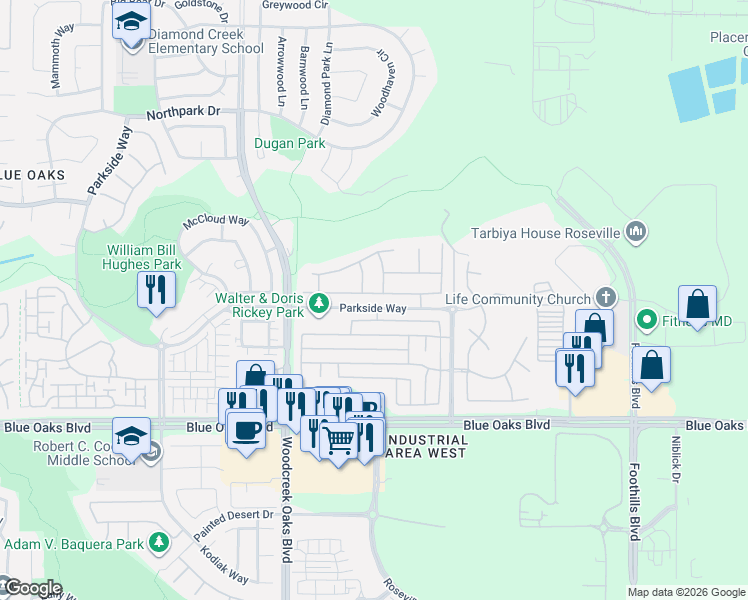 map of restaurants, bars, coffee shops, grocery stores, and more near 1560 Black Bear Street in Roseville