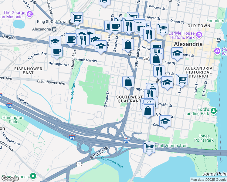 map of restaurants, bars, coffee shops, grocery stores, and more near 617 South Fayette Street in Alexandria