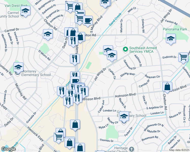 map of restaurants, bars, coffee shops, grocery stores, and more near 2560 Sierra Springs Drive in Colorado Springs