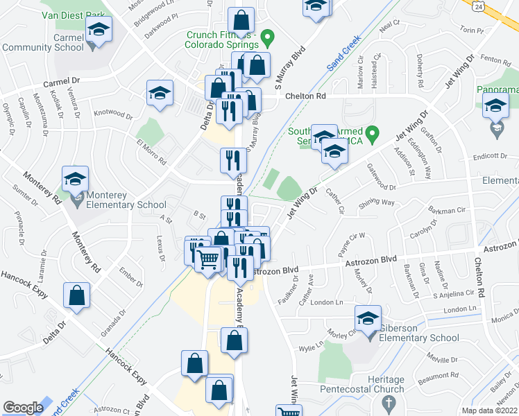 map of restaurants, bars, coffee shops, grocery stores, and more near 2657 Sierra Springs Drive in Colorado Springs