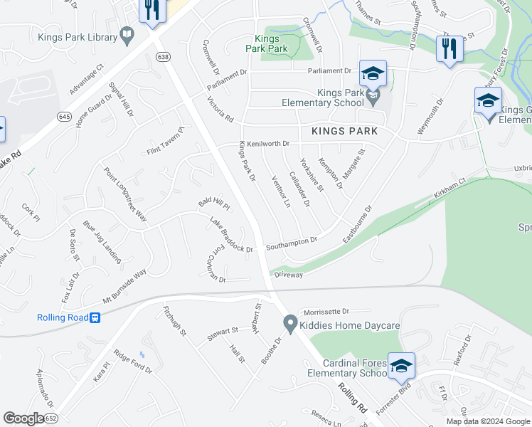map of restaurants, bars, coffee shops, grocery stores, and more near 5530 Kings Park Drive in Springfield