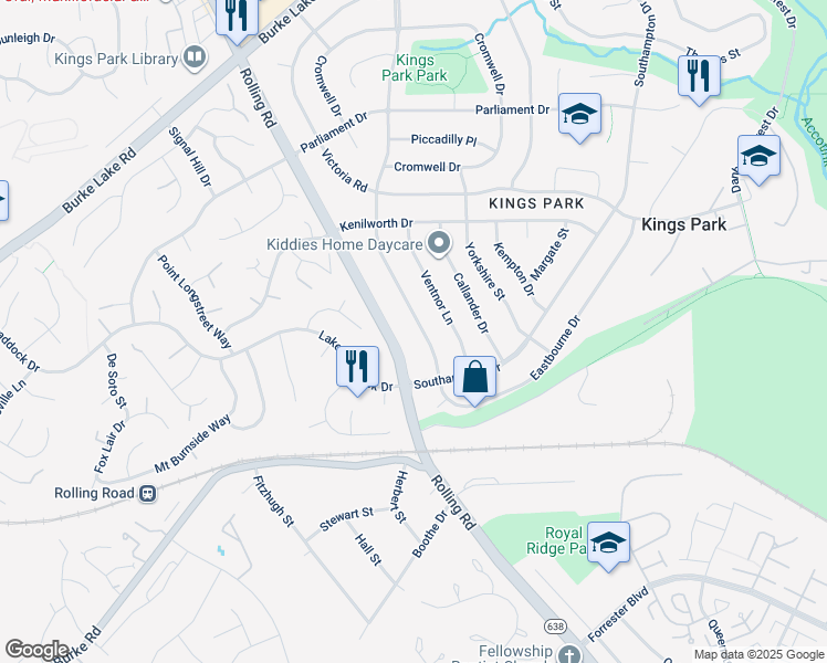 map of restaurants, bars, coffee shops, grocery stores, and more near 5530 Kings Park Drive in Springfield