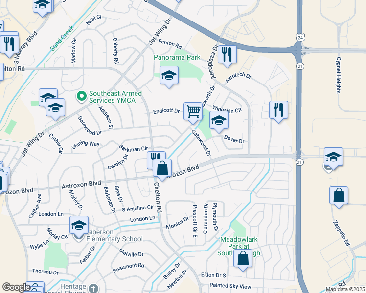 map of restaurants, bars, coffee shops, grocery stores, and more near 4749 Dover Drive in Colorado Springs