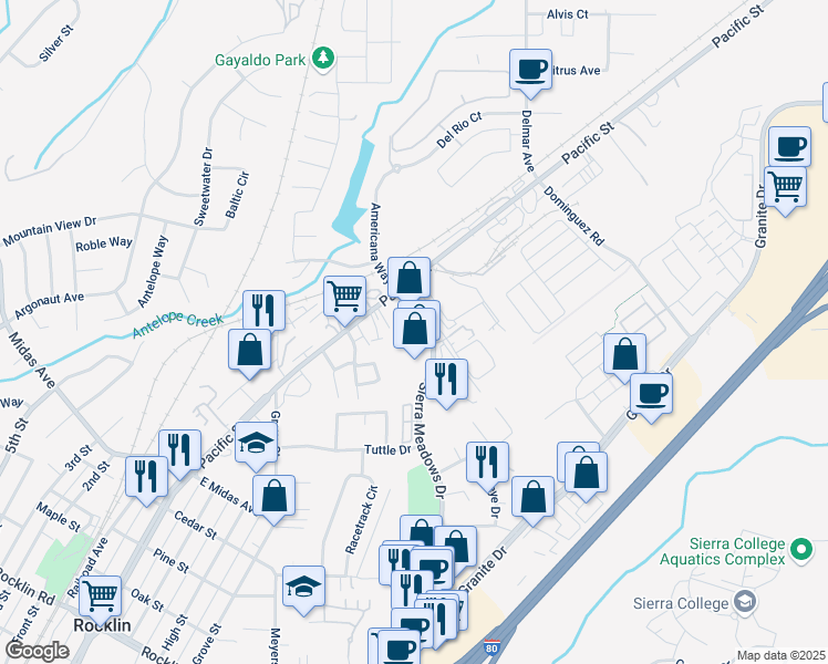 map of restaurants, bars, coffee shops, grocery stores, and more near 2250 Sierra Meadows Drive in Rocklin