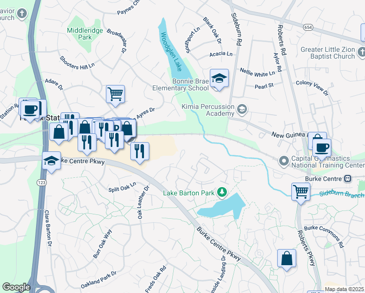 map of restaurants, bars, coffee shops, grocery stores, and more near 10608 Alison Drive in Burke