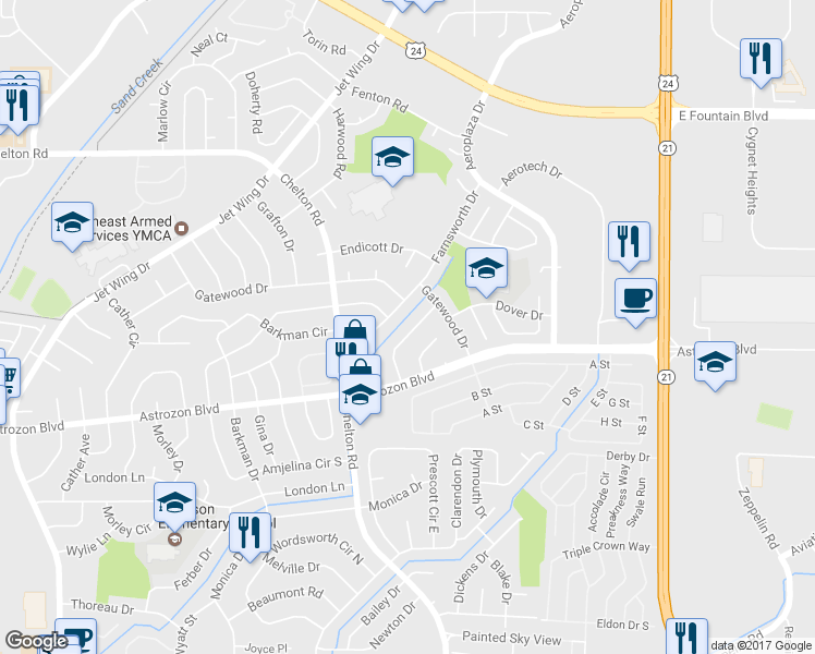 map of restaurants, bars, coffee shops, grocery stores, and more near 4749 Dover Drive in Colorado Springs