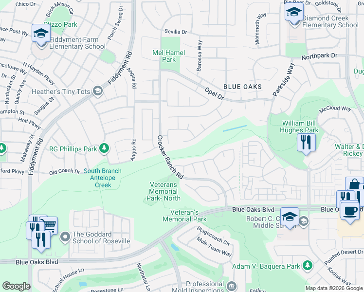 map of restaurants, bars, coffee shops, grocery stores, and more near 1856 Avondale Drive in Roseville